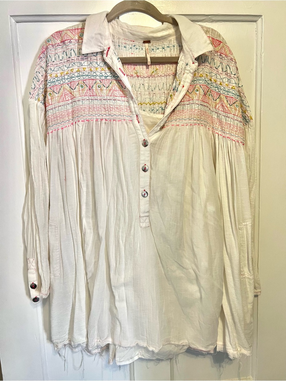 Free People Embroidered White Boho Peasant Dress with Multicolor Yoke